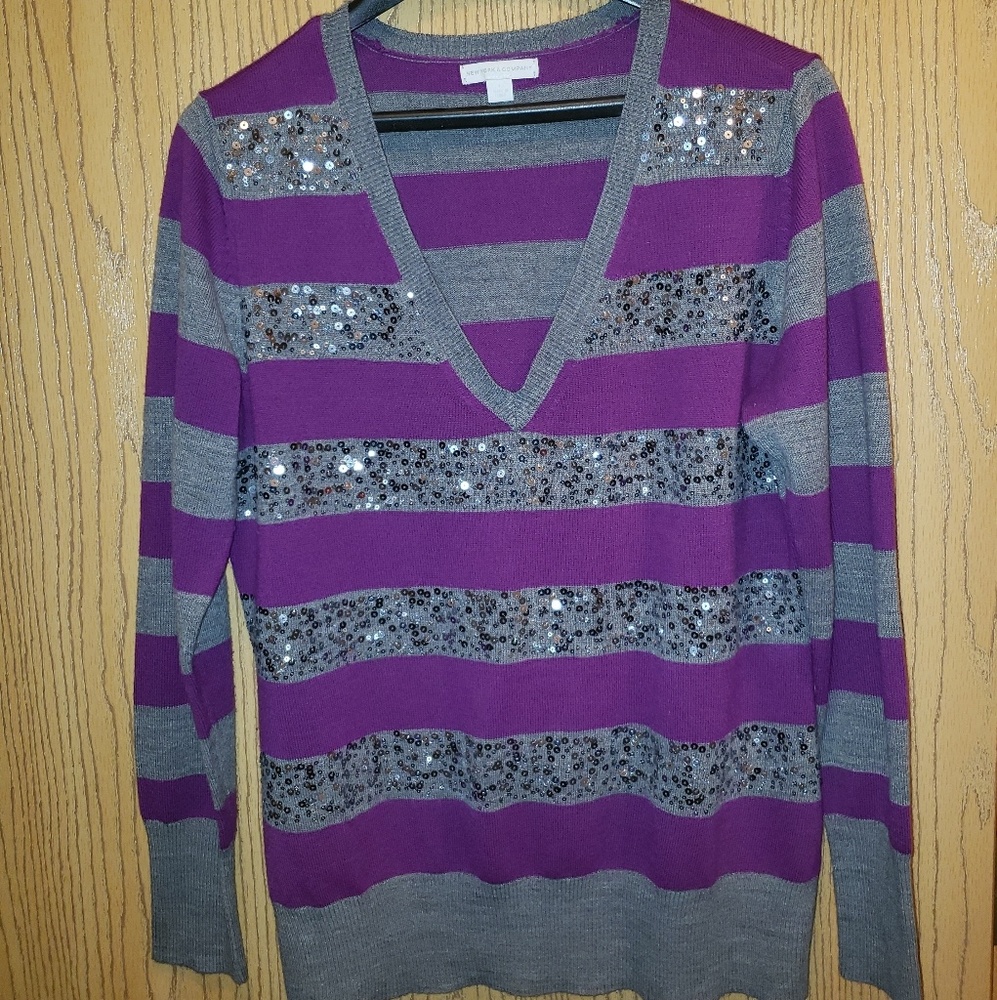 Sequined grey and purple sweater